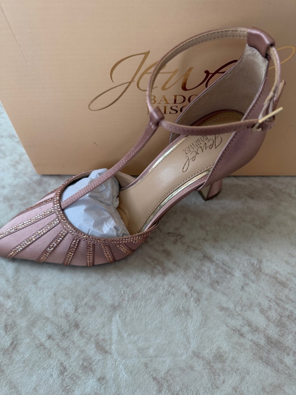 Badgley Mischka Blush Pink T-Strap Pointed Toe Heels with Crystal Accents - Picture 6 of 6